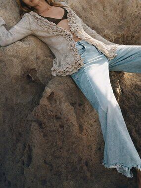 Eyelet Cutout Ruffle Trim Cardigan (0139)